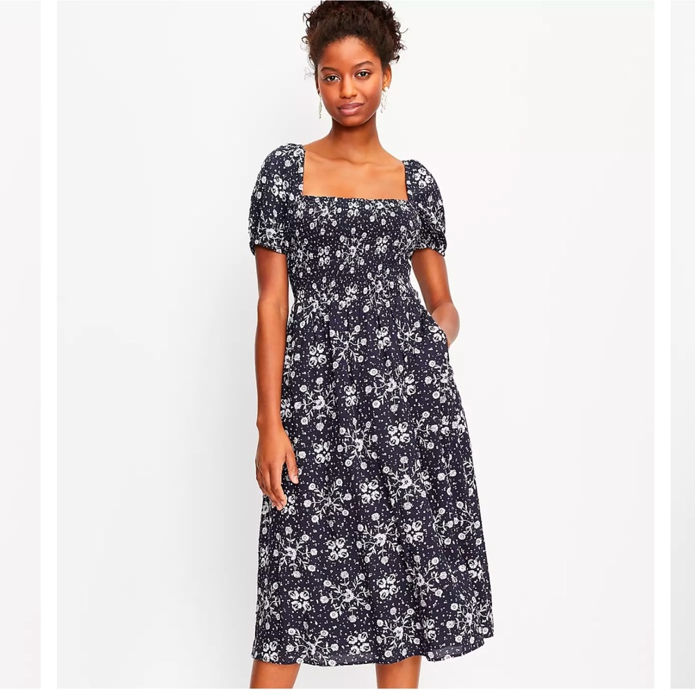 Loft Floral Smocked Puff Sleeve Midi Dress
